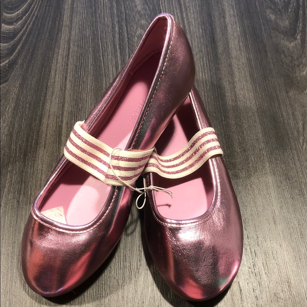 Nordstrom Metallic Rose Pink Ballet Flats with Striped Elastic Strap